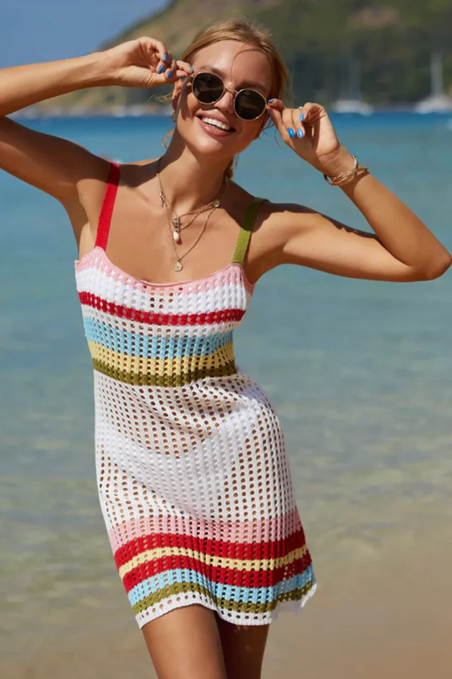 Rainbow Stripe Openwork Sleeveless Cover-Up Dress - Image 8