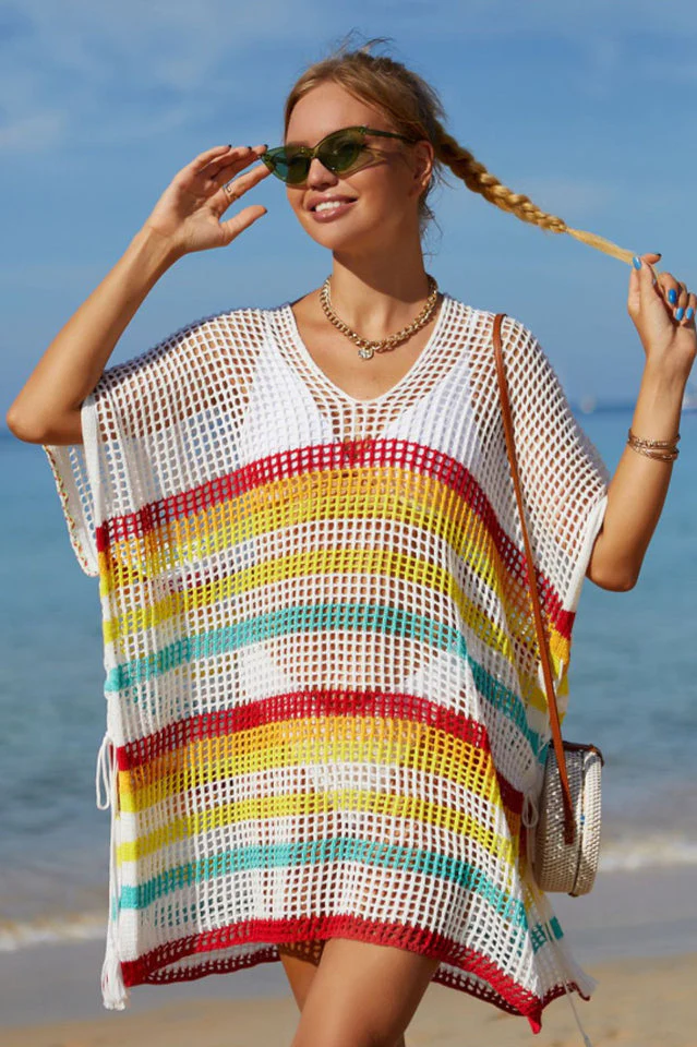 Rainbow Stripe Openwork Slit Cover Up - Image 10