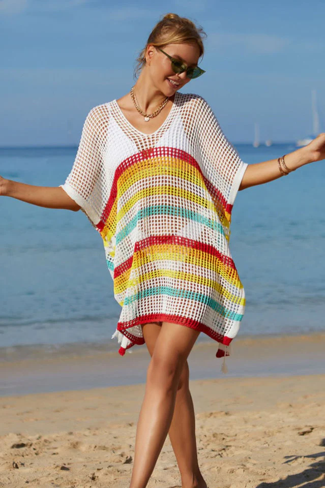 Rainbow Stripe Openwork Slit Cover Up - Image 11