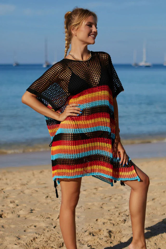 Rainbow Stripe Openwork Slit Cover Up - Image 14
