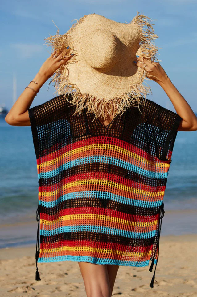 Rainbow Stripe Openwork Slit Cover Up - Image 17
