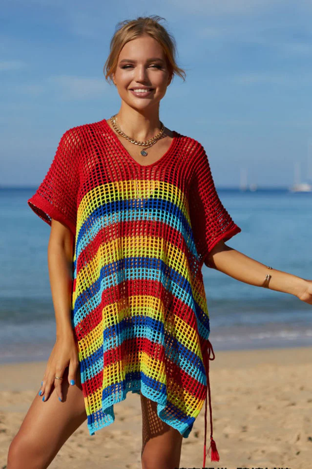 Rainbow Stripe Openwork Slit Cover Up - Image 18