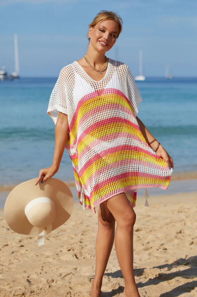 Rainbow Stripe Openwork Slit Cover Up - Image 2