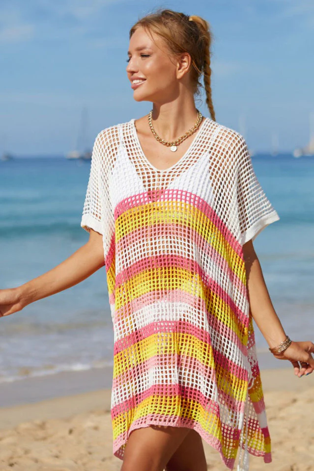 Rainbow Stripe Openwork Slit Cover Up - Image 4