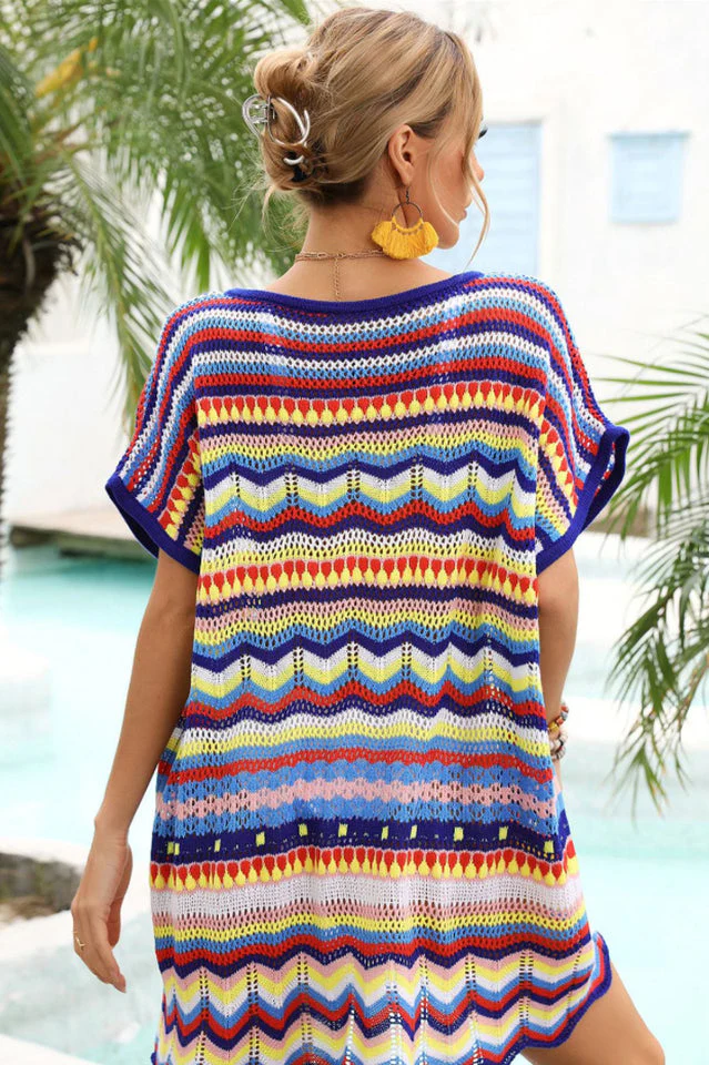 Rainbow Stripe Scalloped V-Neck Cover-Up Dress - Image 7