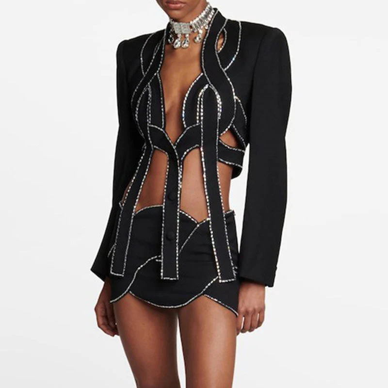 Rebellious Decorated Crystal Rope Low Waist Bodycon CutOut Crop Blazer Matching Set