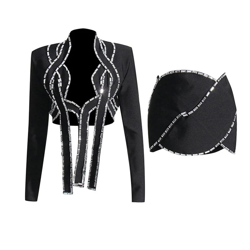 Rebellious Decorated Crystal Rope Low Waist Bodycon CutOut Crop Blazer Matching Set - Image 2