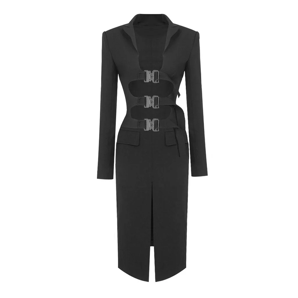 Rebellious Lapel Padded Long Sleeve Cut Out Buckle Cinched Blazer Matching Set - Image 3