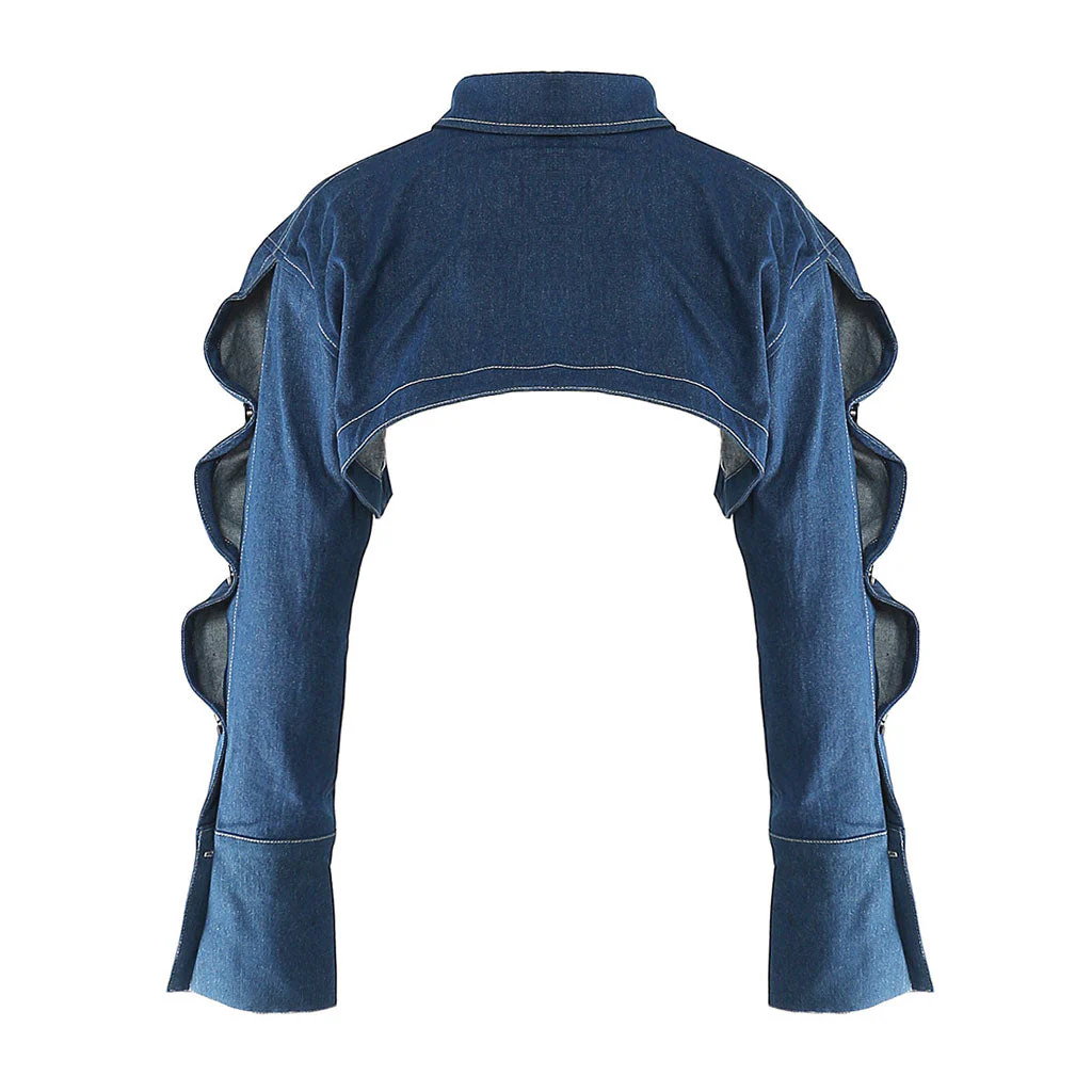 Rebellious Pointed Collar Wavy Long Sleeve Button Front Cropped Denim Jacket - Image 4