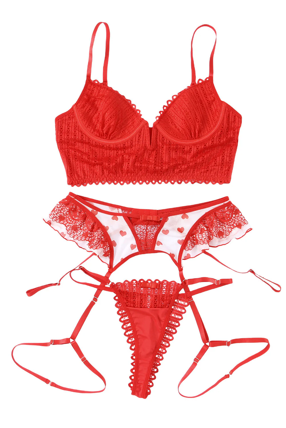 Red 3Pcs Heart Print Mesh Splice Lingerie Set - Image 15