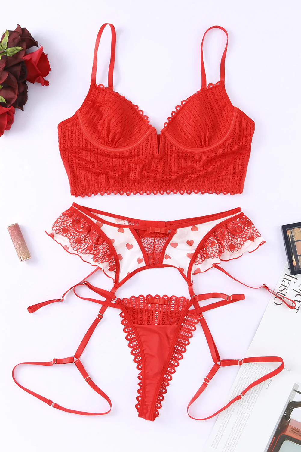 Red 3Pcs Heart Print Mesh Splice Lingerie Set - Image 5