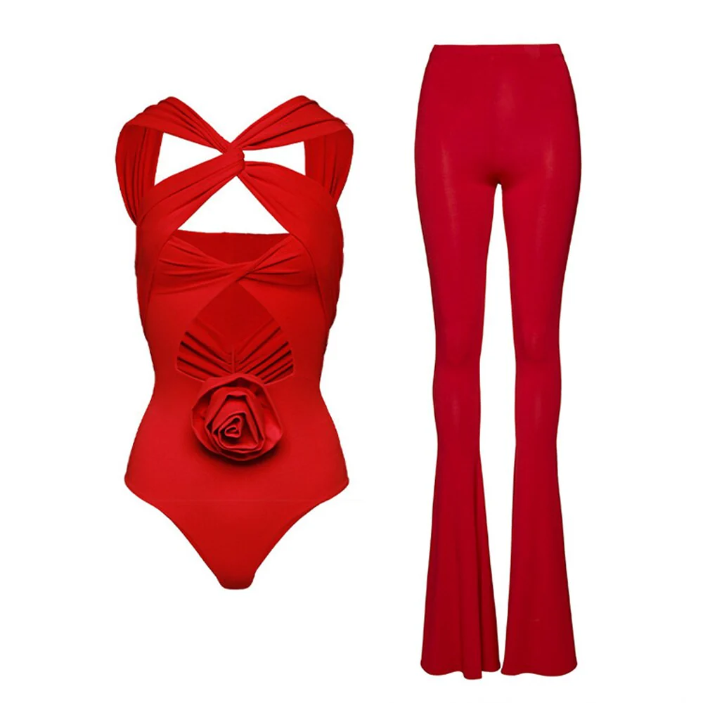 HANNA RED BODYSUIT and FLARED PANTS with ROSE BOW 2 PIECE SET - Image 2