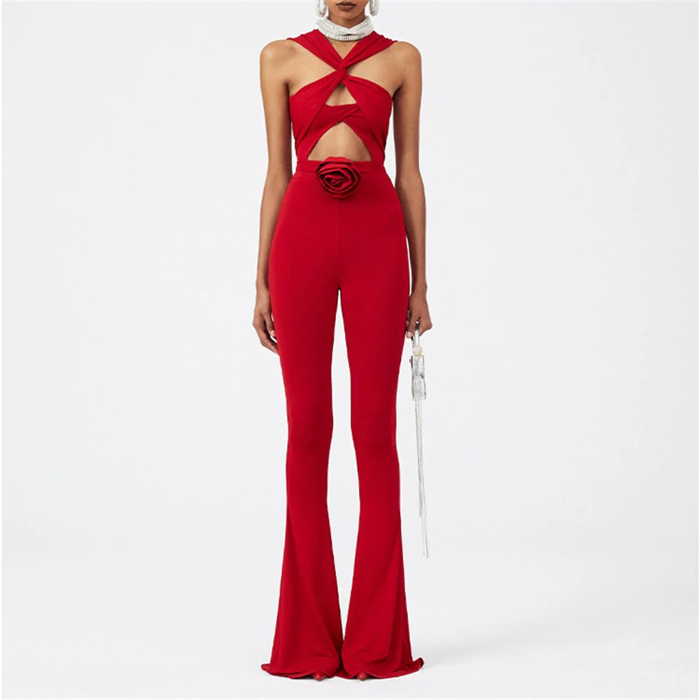 HANNA RED BODYSUIT and FLARED PANTS with ROSE BOW 2 PIECE SET - Image 5
