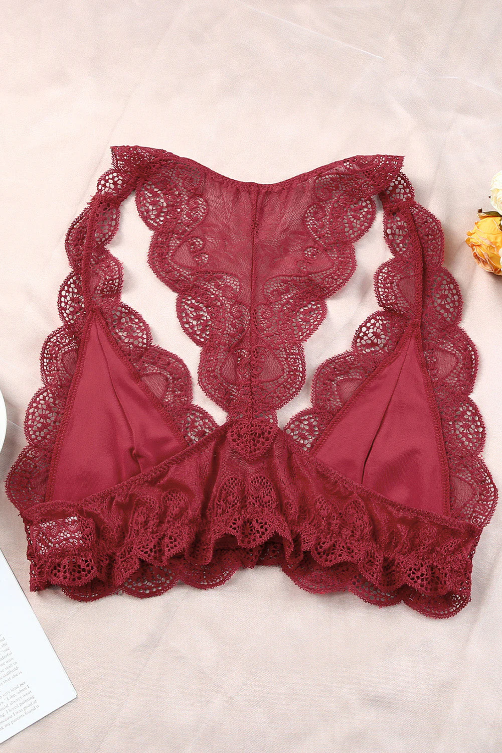 Red Halter Scalloped V Neck Lace Bralette - Image 4