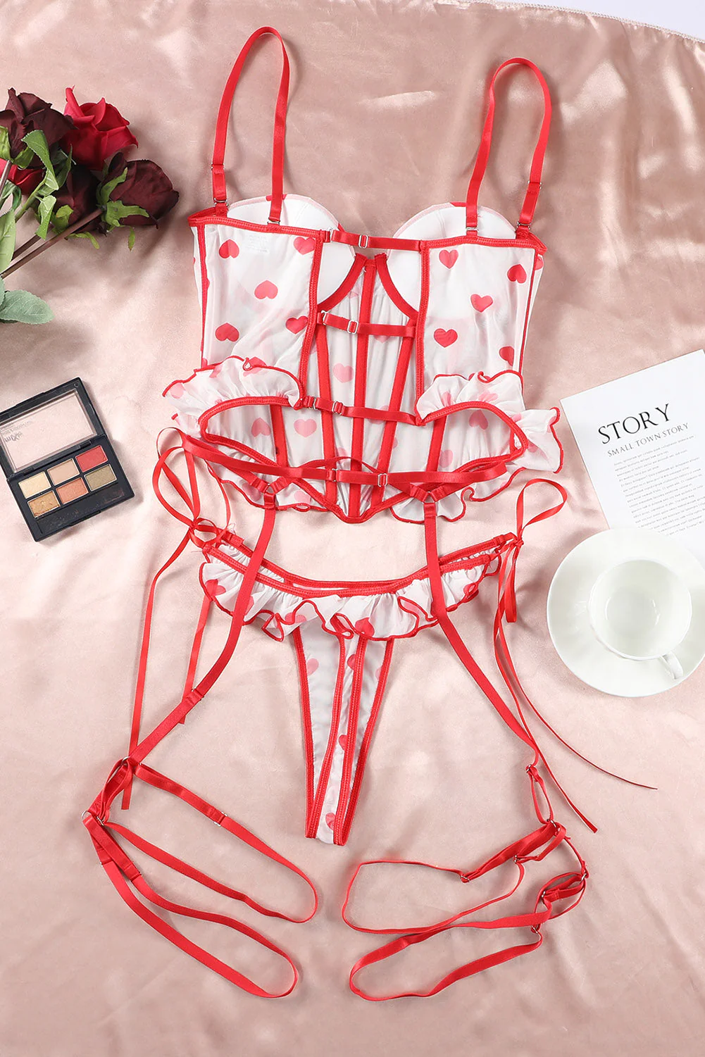 Red Heart Print Ruffled Strappy Three-Piece Lingerie Set - Image 4