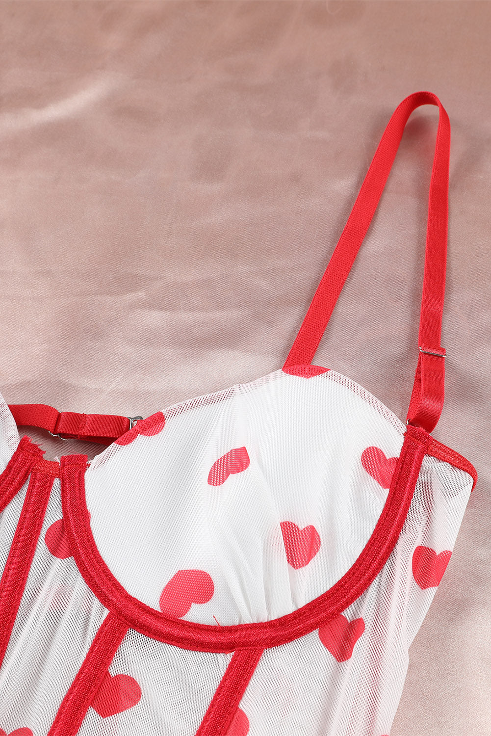 Red Heart Print Ruffled Strappy Three-Piece Lingerie Set - Image 5