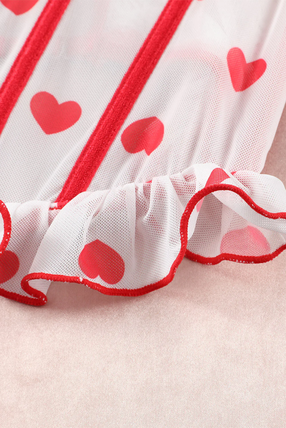 Red Heart Print Ruffled Strappy Three-Piece Lingerie Set - Image 6