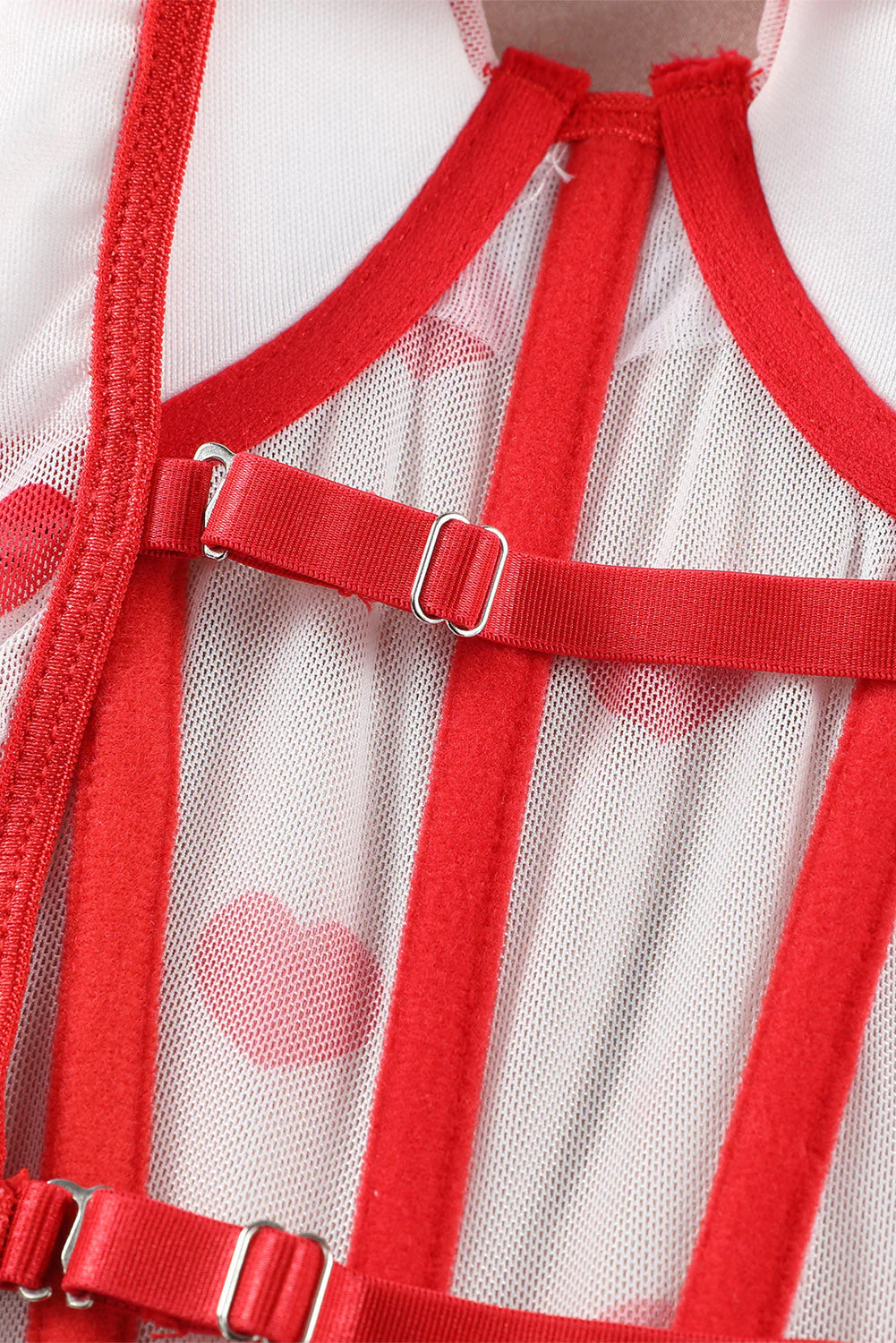 Red Heart Print Ruffled Strappy Three-Piece Lingerie Set - Image 8