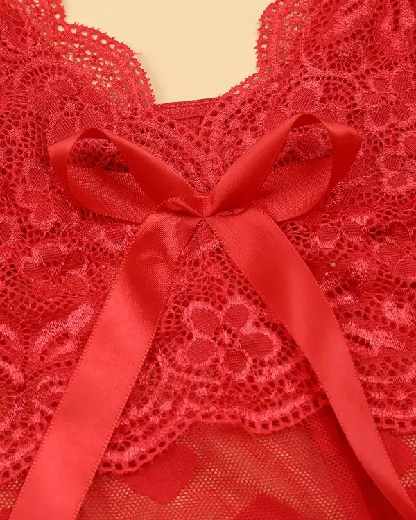 Red Heart Shape Print Lace Crochet Babydoll Set - Image 3