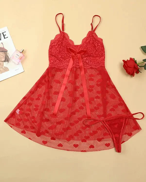 Red Heart Shape Print Lace Crochet Babydoll Set - Image 4