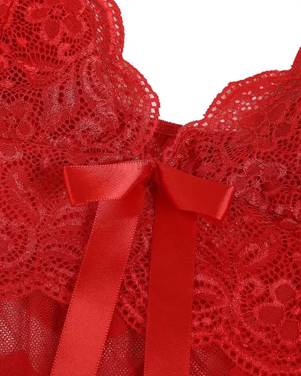 Red Heart Shape Print Lace Crochet Babydoll Set - Image 6