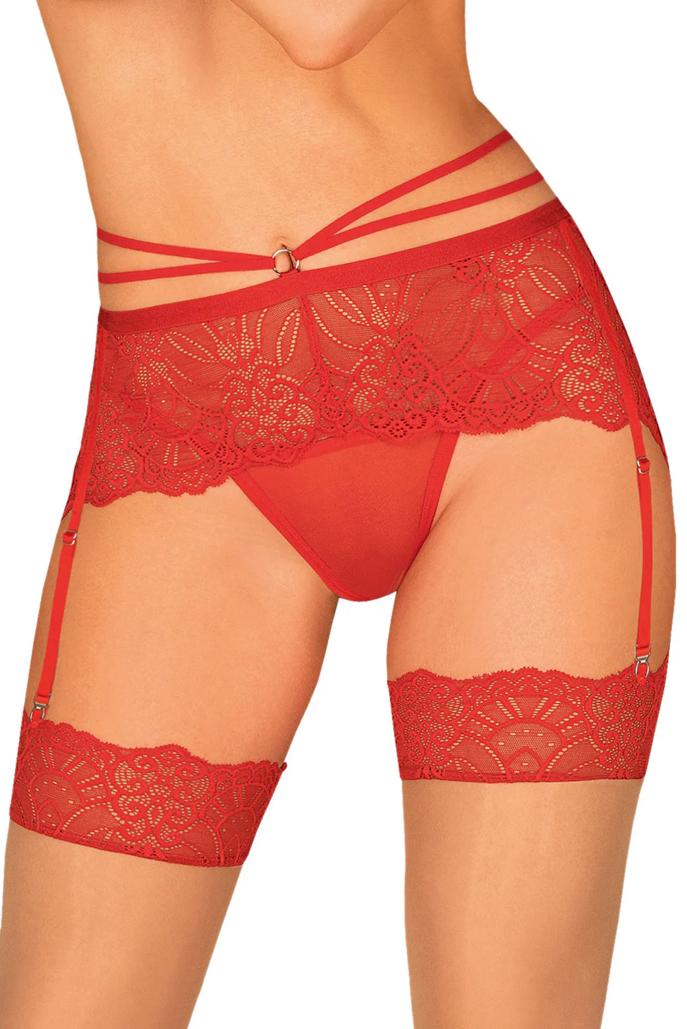 Red Lace Strappy Garter Belt With Thong - Image 3