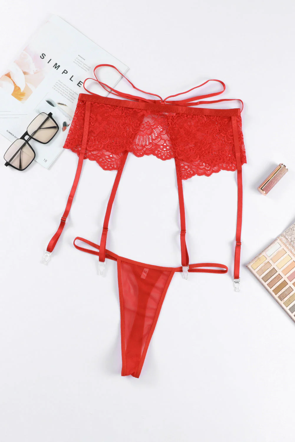 Red Lace Strappy Garter Belt With Thong - Image 4