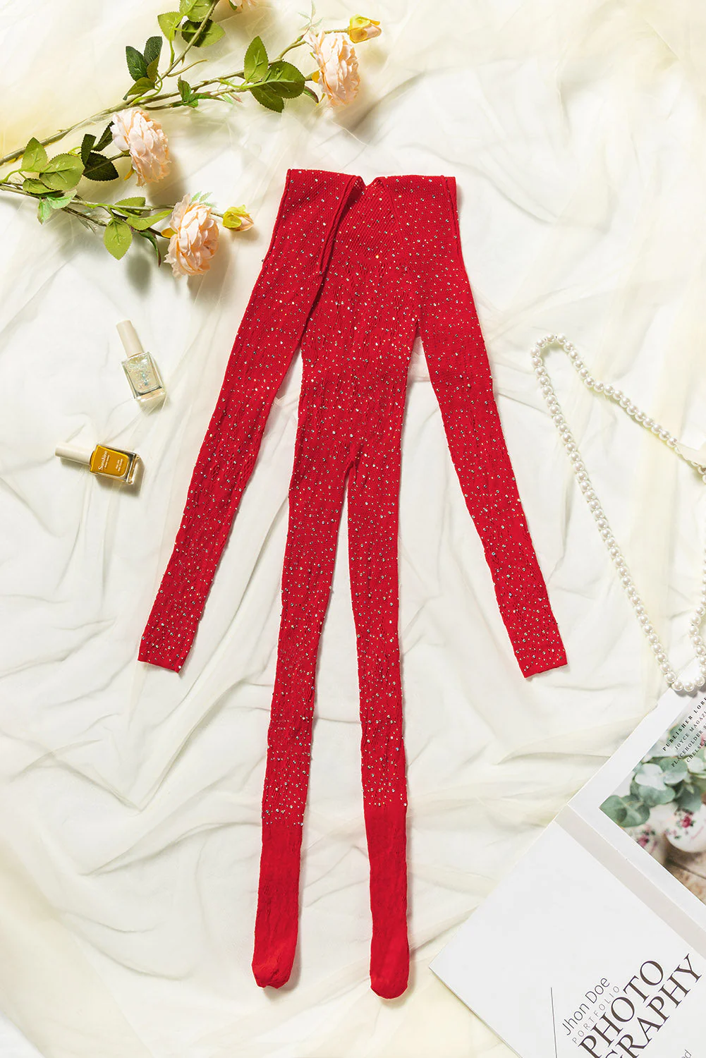 Red Rhinestone Fishnet Long Sleeve Body Stocking - Image 6