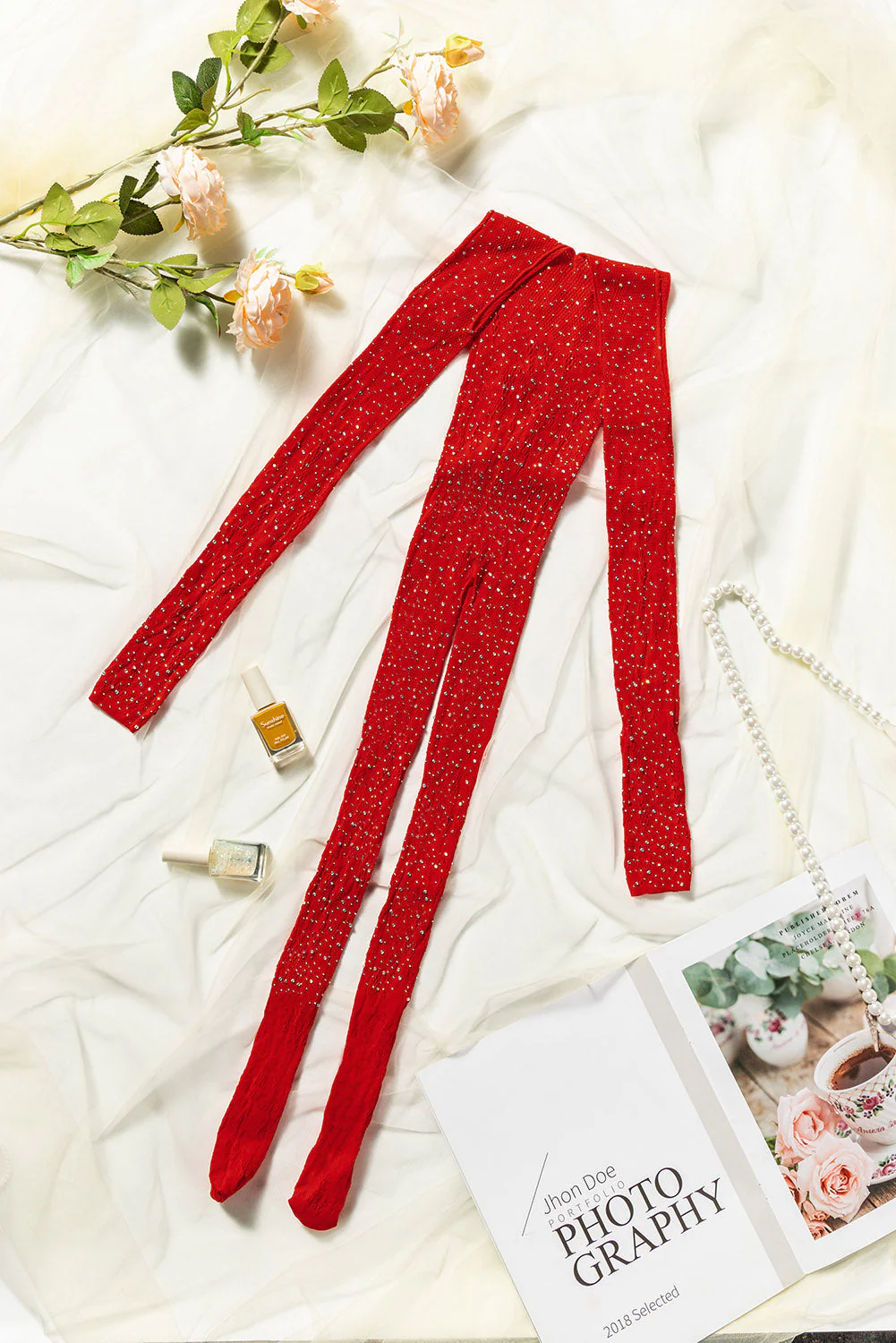 Red Rhinestone Fishnet Long Sleeve Body Stocking - Image 7
