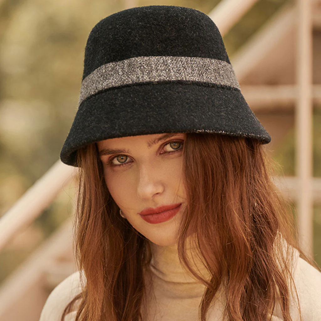 Refine Contrast Stripe Pattern Winter Wool Blend Bucket Hat - Image 2