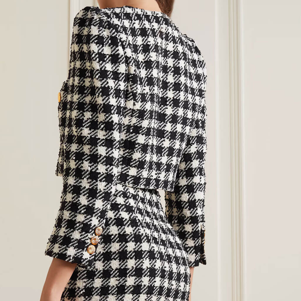 Refine Crewneck Golden Button Houndstooth Tweed Cropped Jacket Matching Set - Image 2