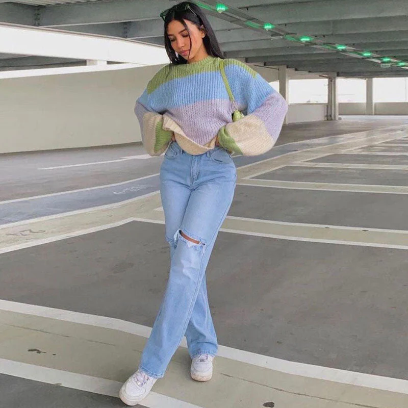 Retro Cut Out High Waist Frayed Straight Leg Jeans - Light Blue - Image 2