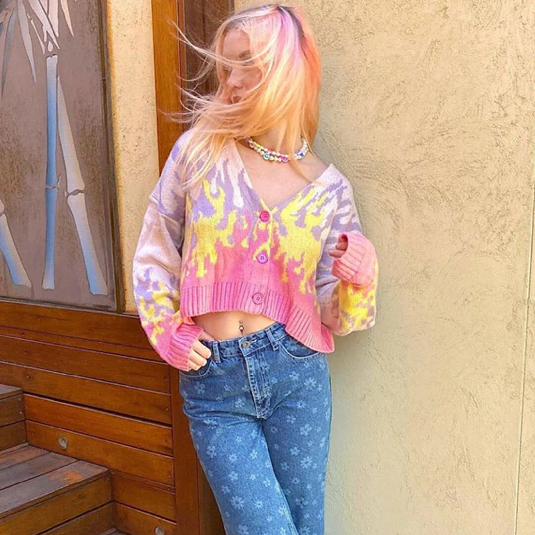 Retro Flame Print V Neck Button Up Long Sleeve Cropped Cardigan - Pink - Image 3