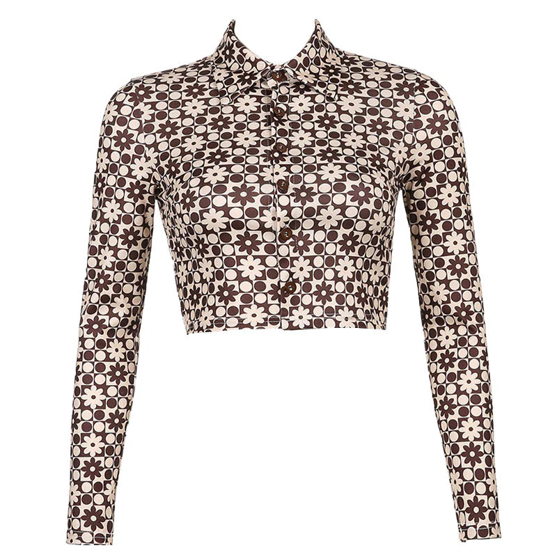 Retro Floral Printed Long Sleeve Button Down Crop Shirt - Coffee - Image 2