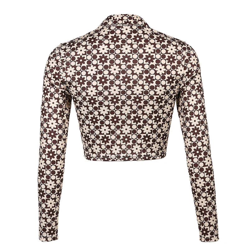 Retro Floral Printed Long Sleeve Button Down Crop Shirt - Coffee - Image 3