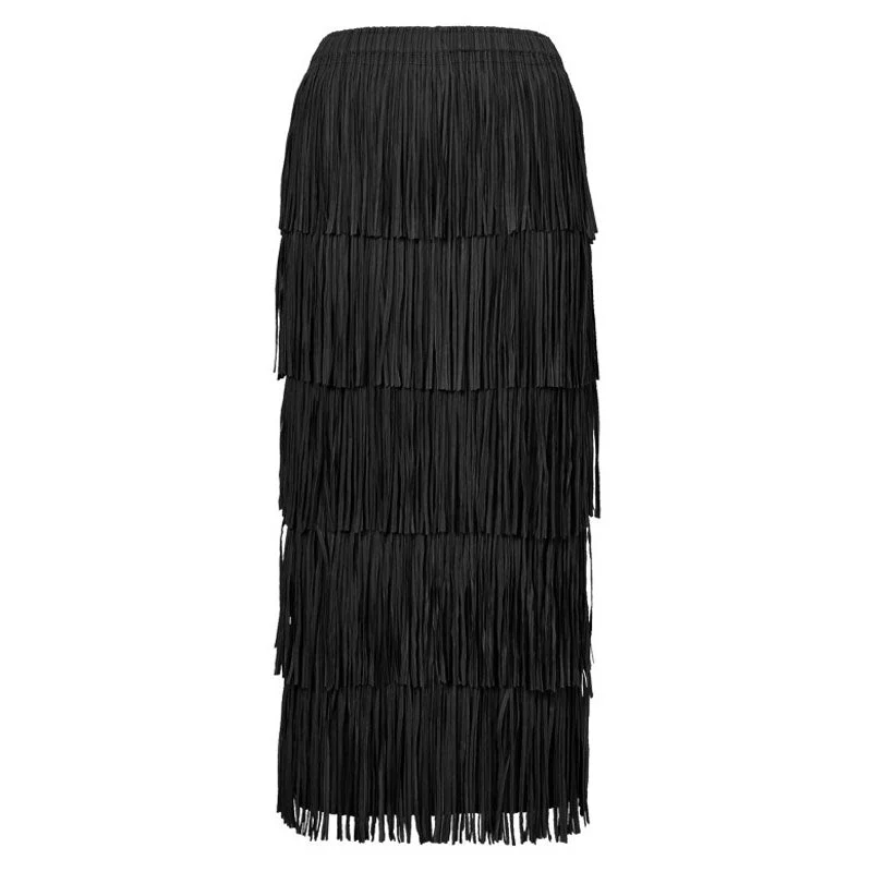 Retro Gatsby Solid Color High Waist Layered Tassel Pleated Midi Skirt - Image 2