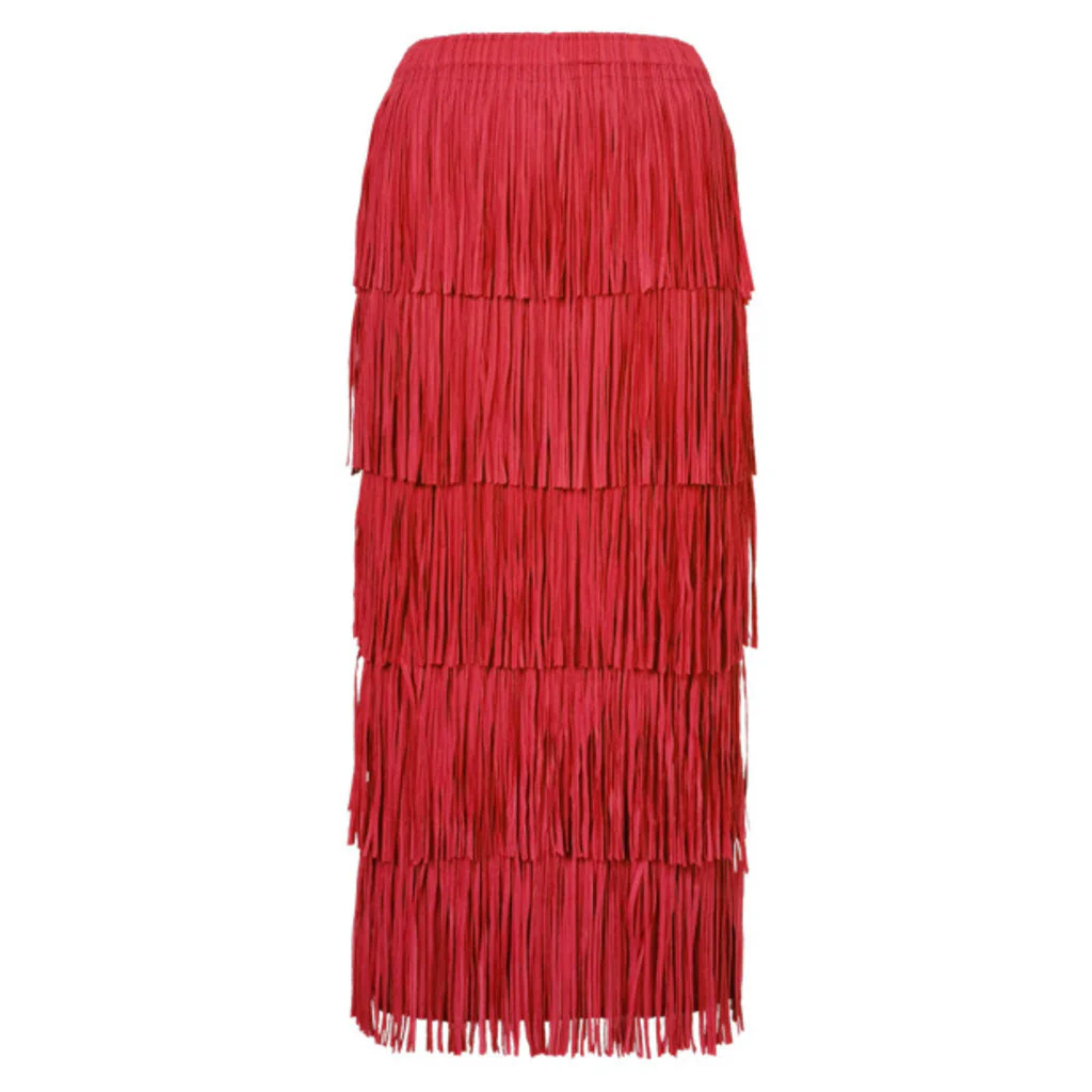 Retro Gatsby Solid Color High Waist Layered Tassel Pleated Midi Skirt - Image 3