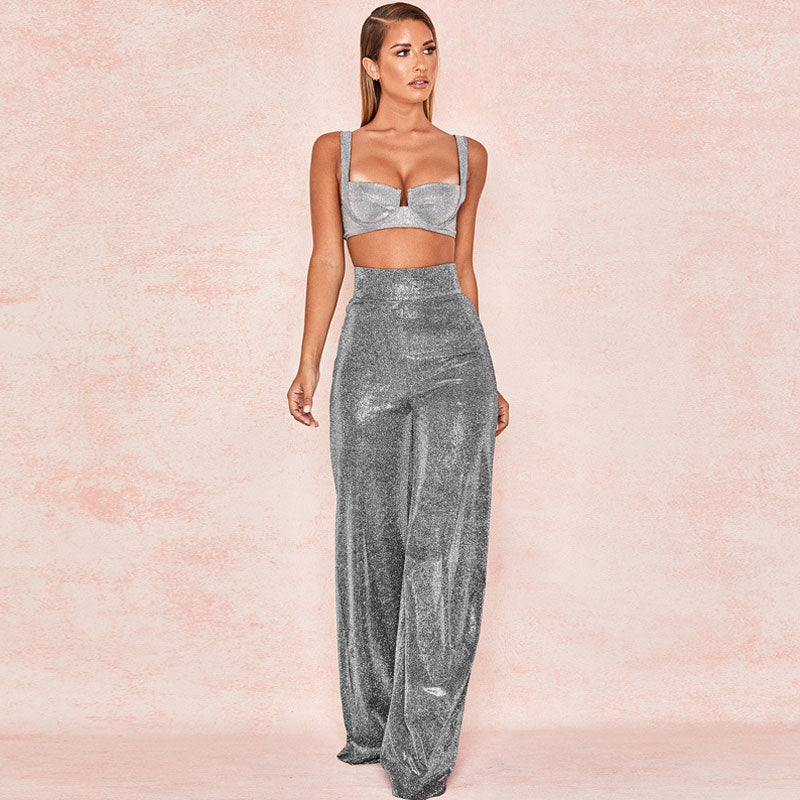 Retro Glittering High Waist Zipper Back Loose Wide Leg Pants - Black - Image 2
