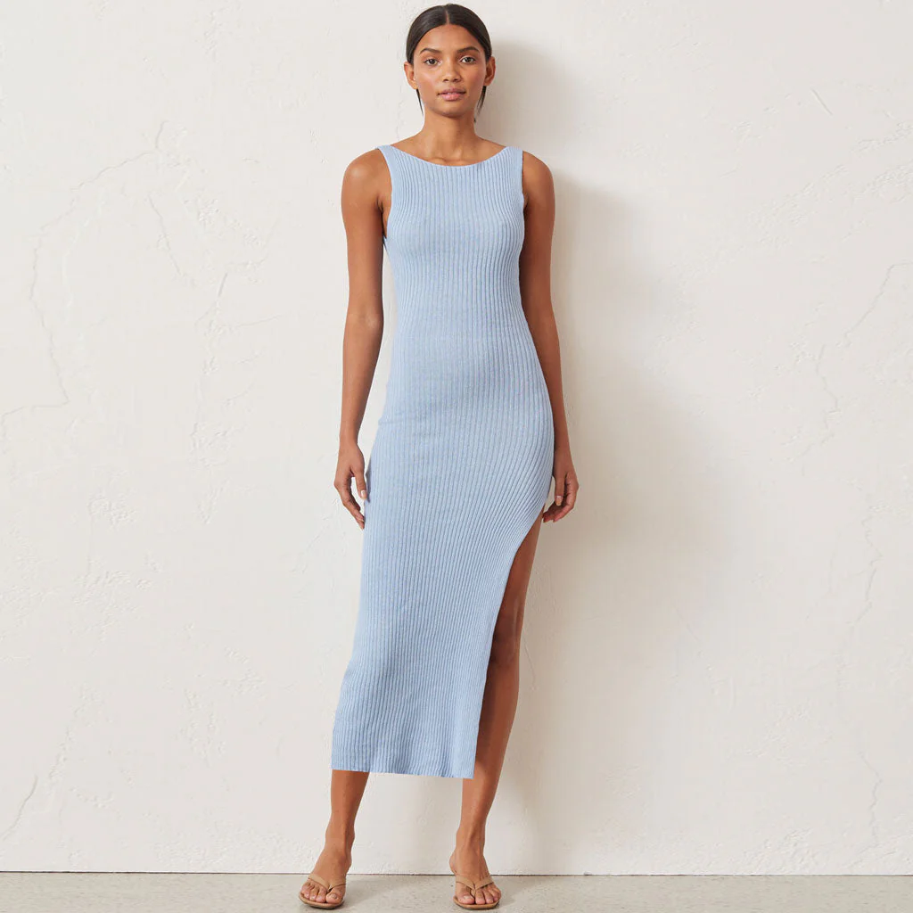 Reversible Ribbed Sleeveless Cut Out High Slit Midi Dress - Blue - Image 2