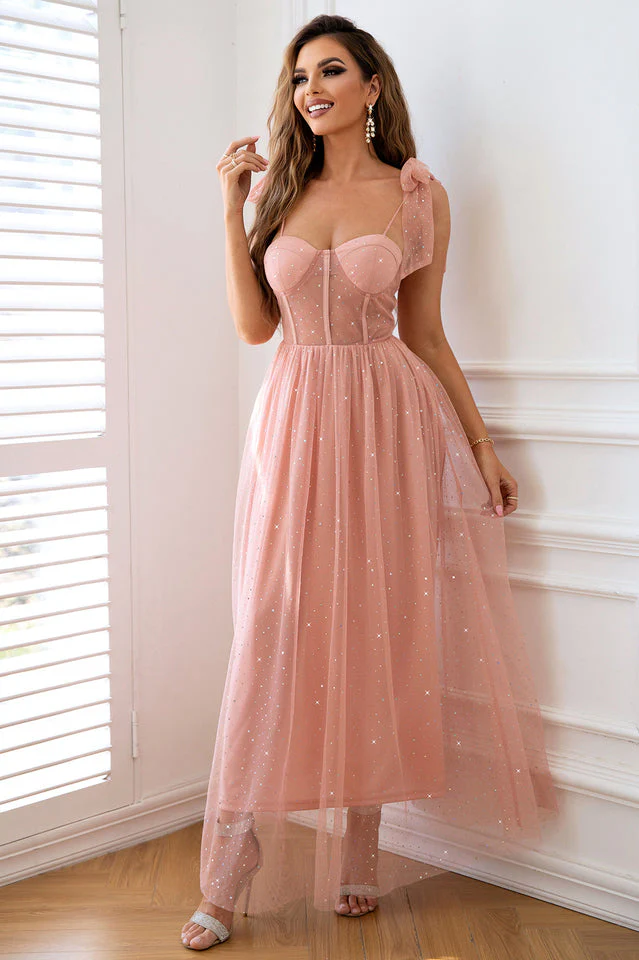 Rhinestone Mesh Overlay Tie Shoulder Cami Dress - Image 4