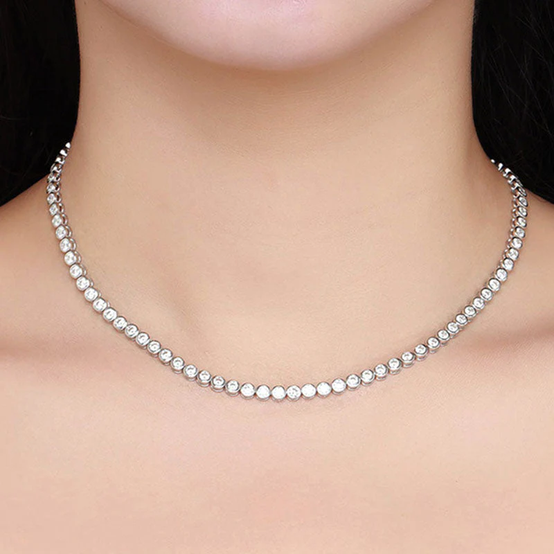 Rhodium Plated Sterling Silver Bezel 2MM Moissanite Tennis NeckLace - Image 4