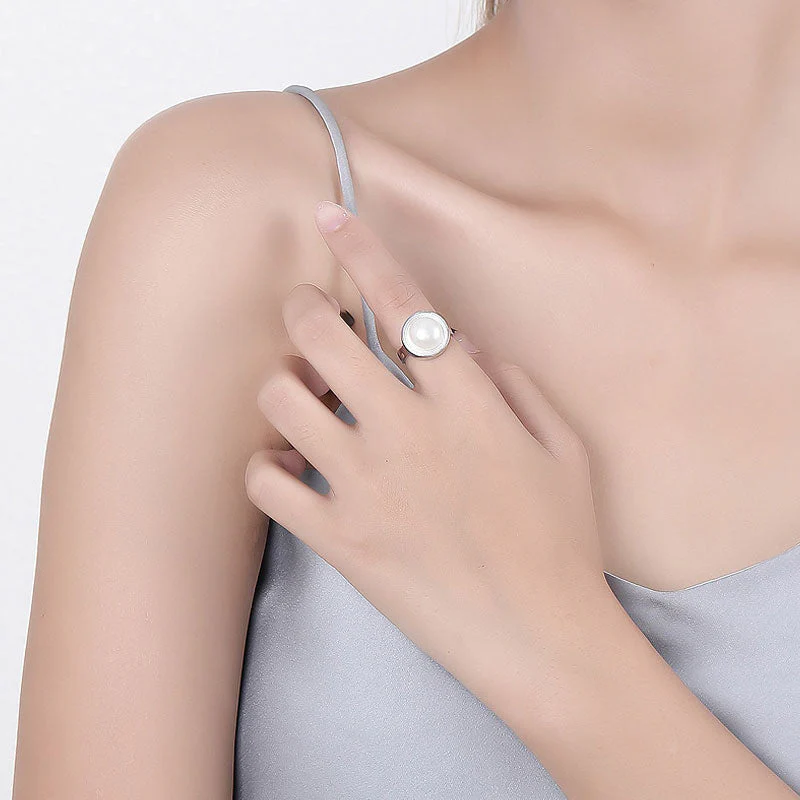 Rhodium Plated Sterling Silver Bezel Set Sphere Freshwater Pearl Dome Ring - Image 3