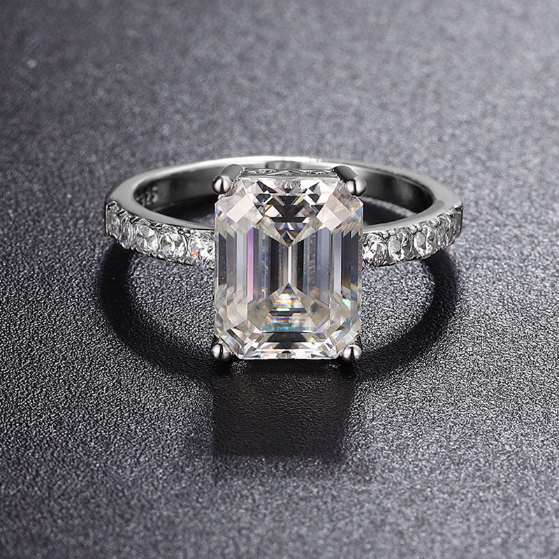 Rhodium Plated Sterling Silver Emerald Cut Moissanite Half Eternity Ring - Image 2