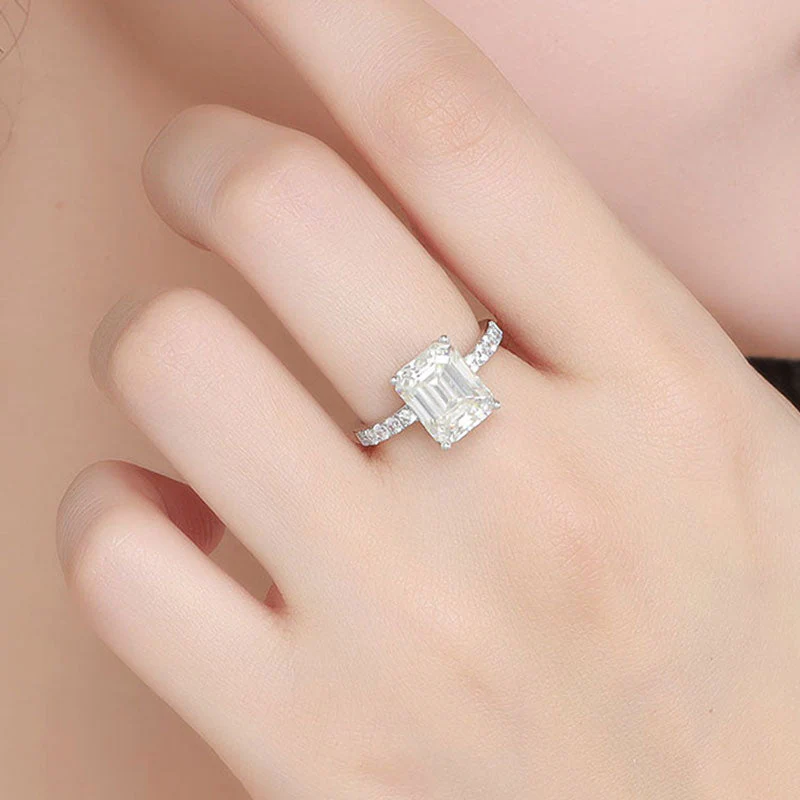 Rhodium Plated Sterling Silver Emerald Cut Moissanite Half Eternity Ring - Image 5