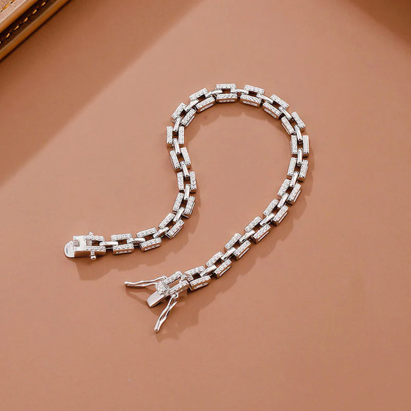 Rhodium Plated Sterling Silver Moissanite Paved Tank Chain Bracelet - Image 3