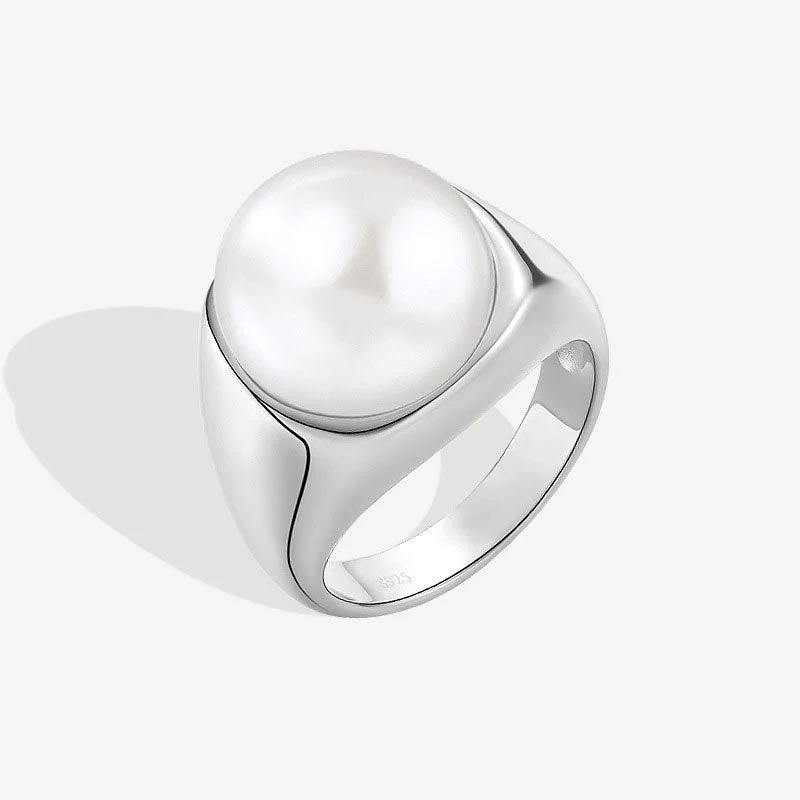Rhodium Plated Sterling Silver Sphere Freshwater Pearl Dome Ring