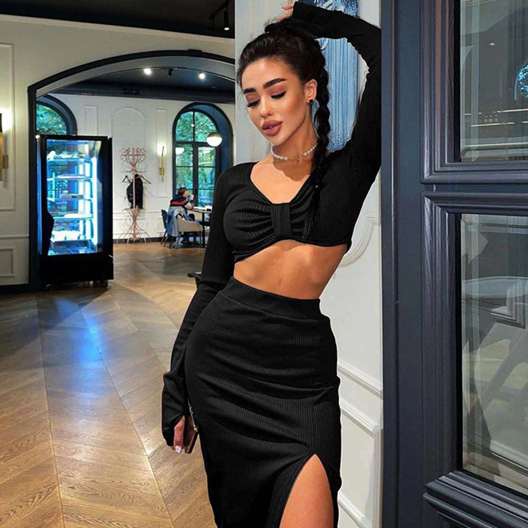 Ribbed Long Sleeve V Neck High Waist Split Midi Skirt Matching Set - Black - Image 2