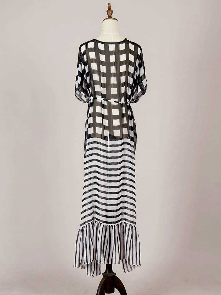 Printed Black Color Chiffon Long Length Gown Kimono Duster Robe - Image 2
