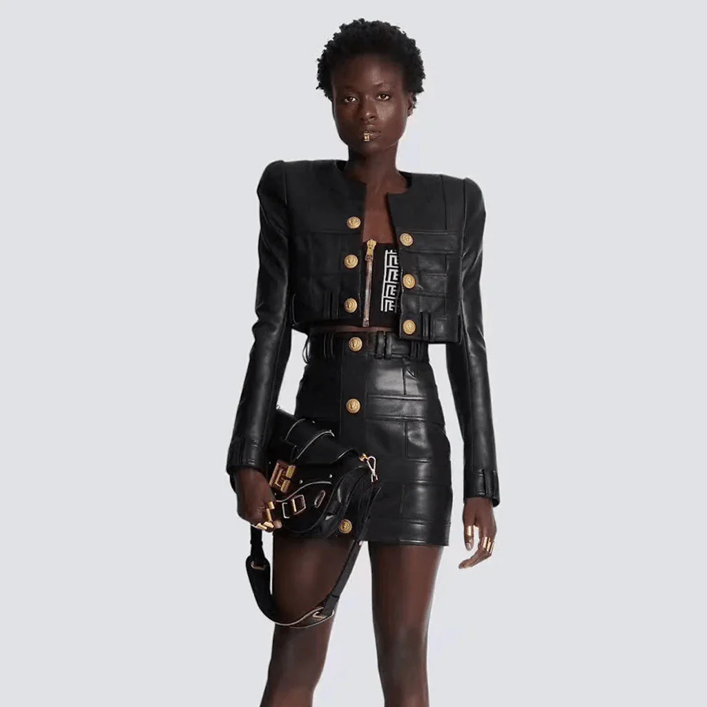 Ritzy Golden Button Shoulder Pad Long Sleeve Crop Vegan Leather Biker Jacket - Image 3