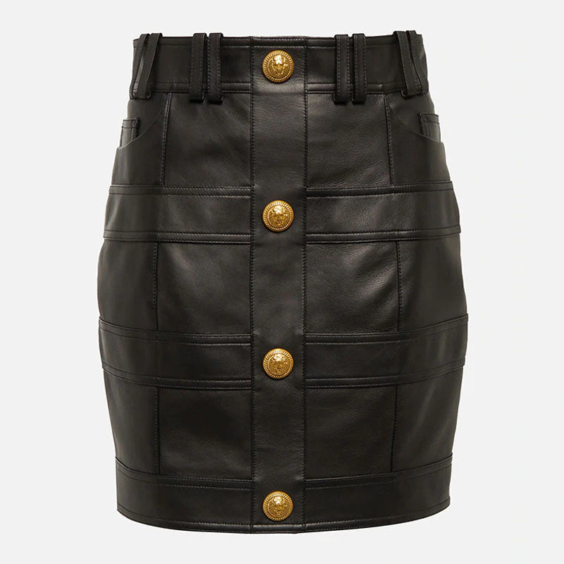 Ritzy High Waist Golden Tone Button Bodycon Vegan Leather Mini Biker Skirt - Image 4